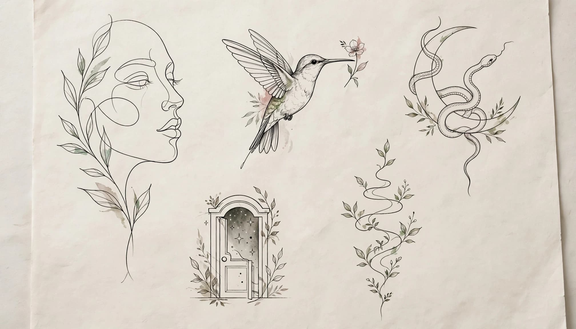 Five fine-line tattoo sketches feature nature, celestial, and symbolic designs on neutral paper.