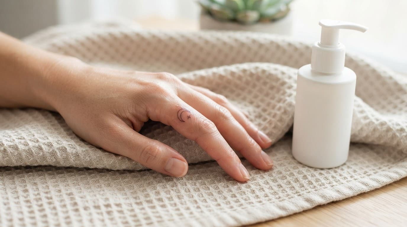 A hand with a fresh finger tattoo rests beside moisturizer on a neutral towel.