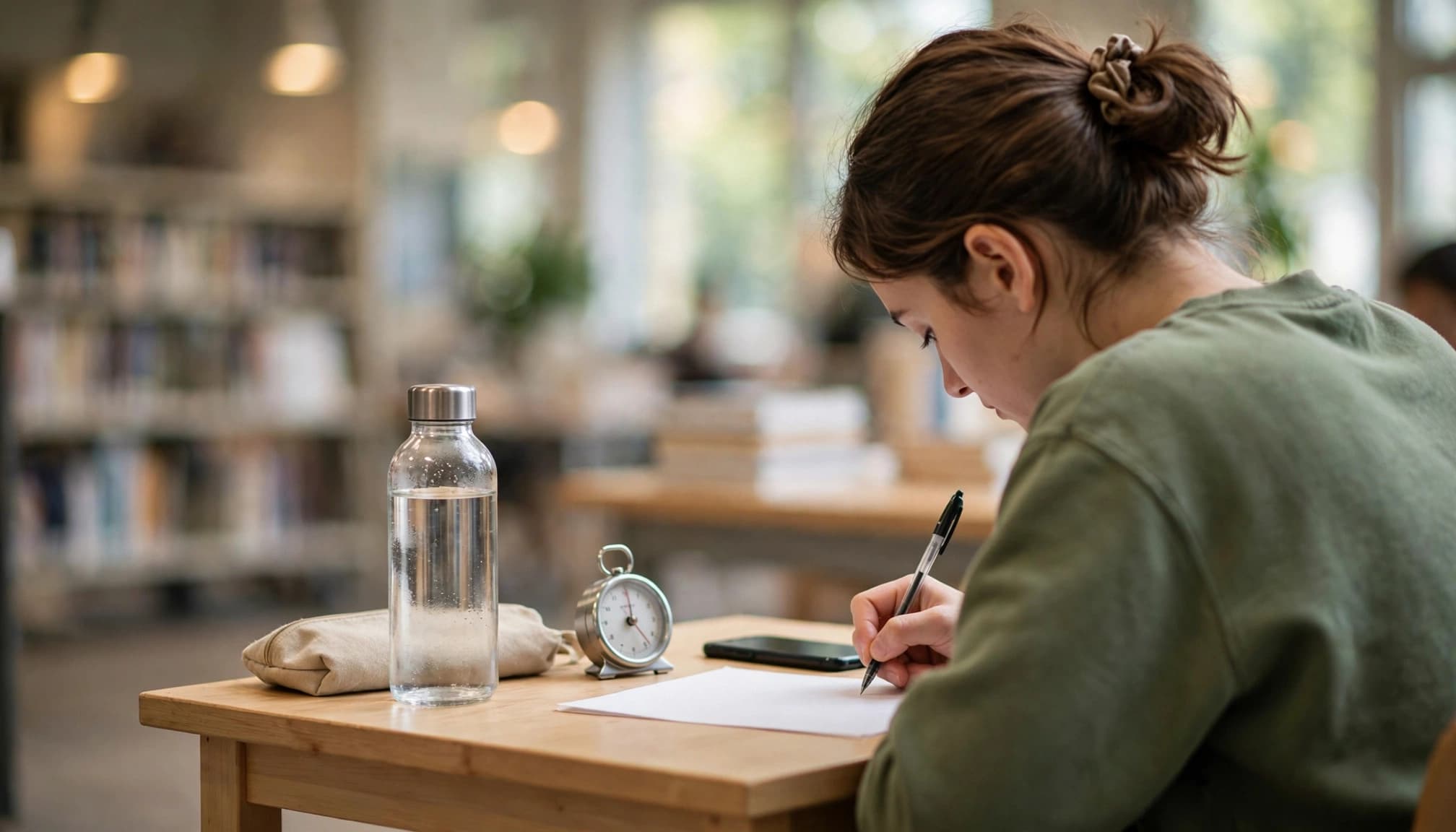 One student writes at a library table beside a timer and distant phone.