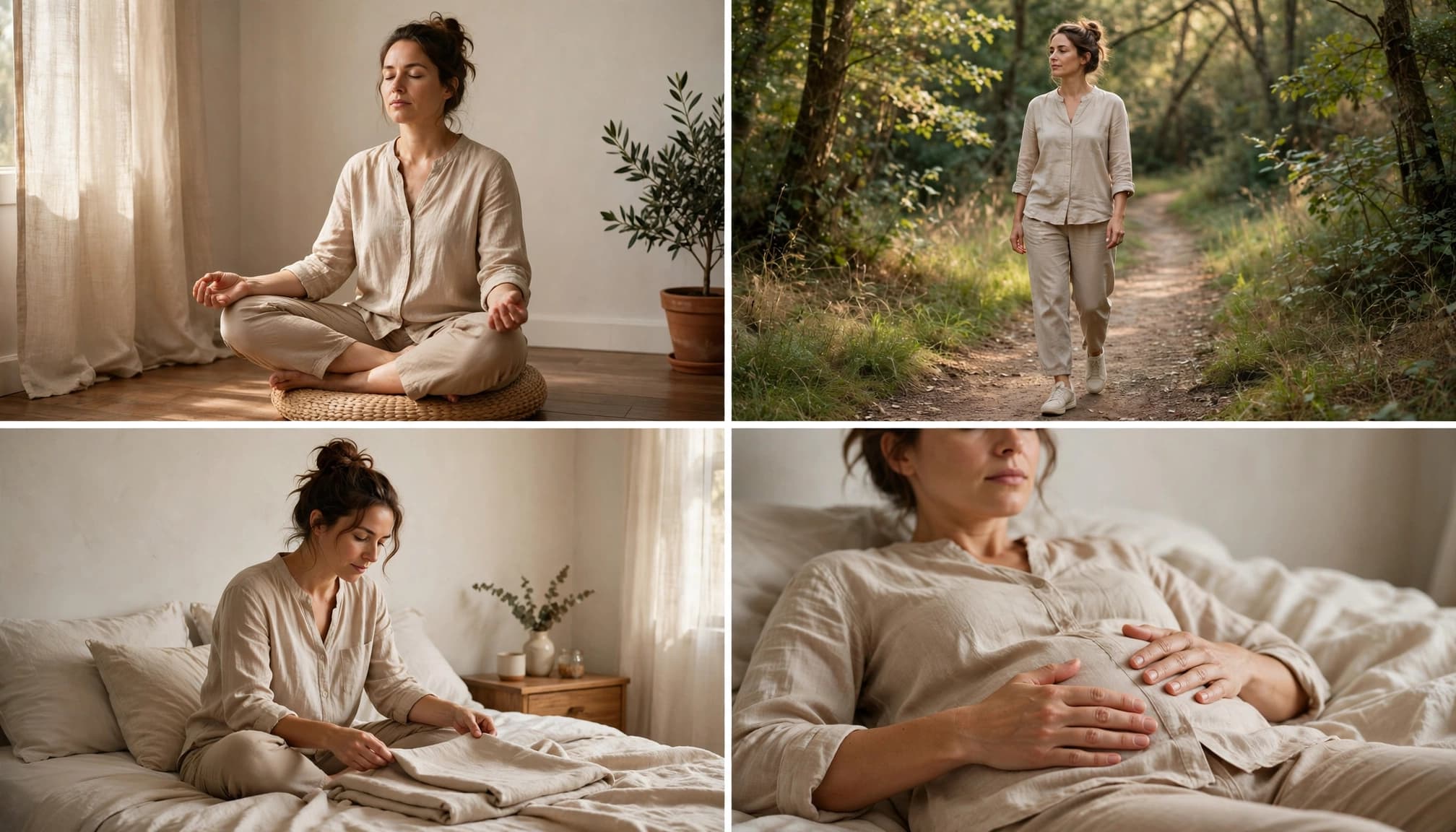 Four scenes show meditation, walking, sleep preparation, and relaxed belly breathing.
