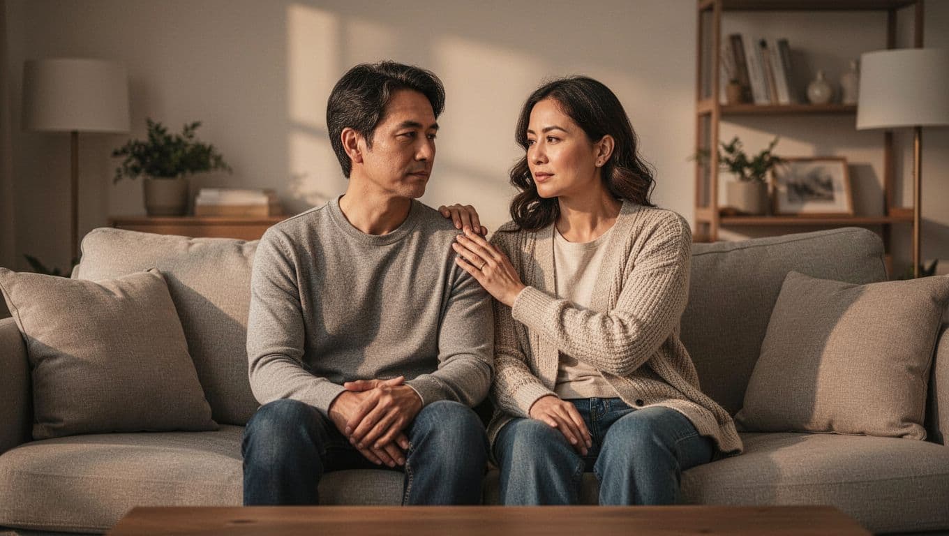 A couple sits on a sofa as one gently touches the other's shoulder.