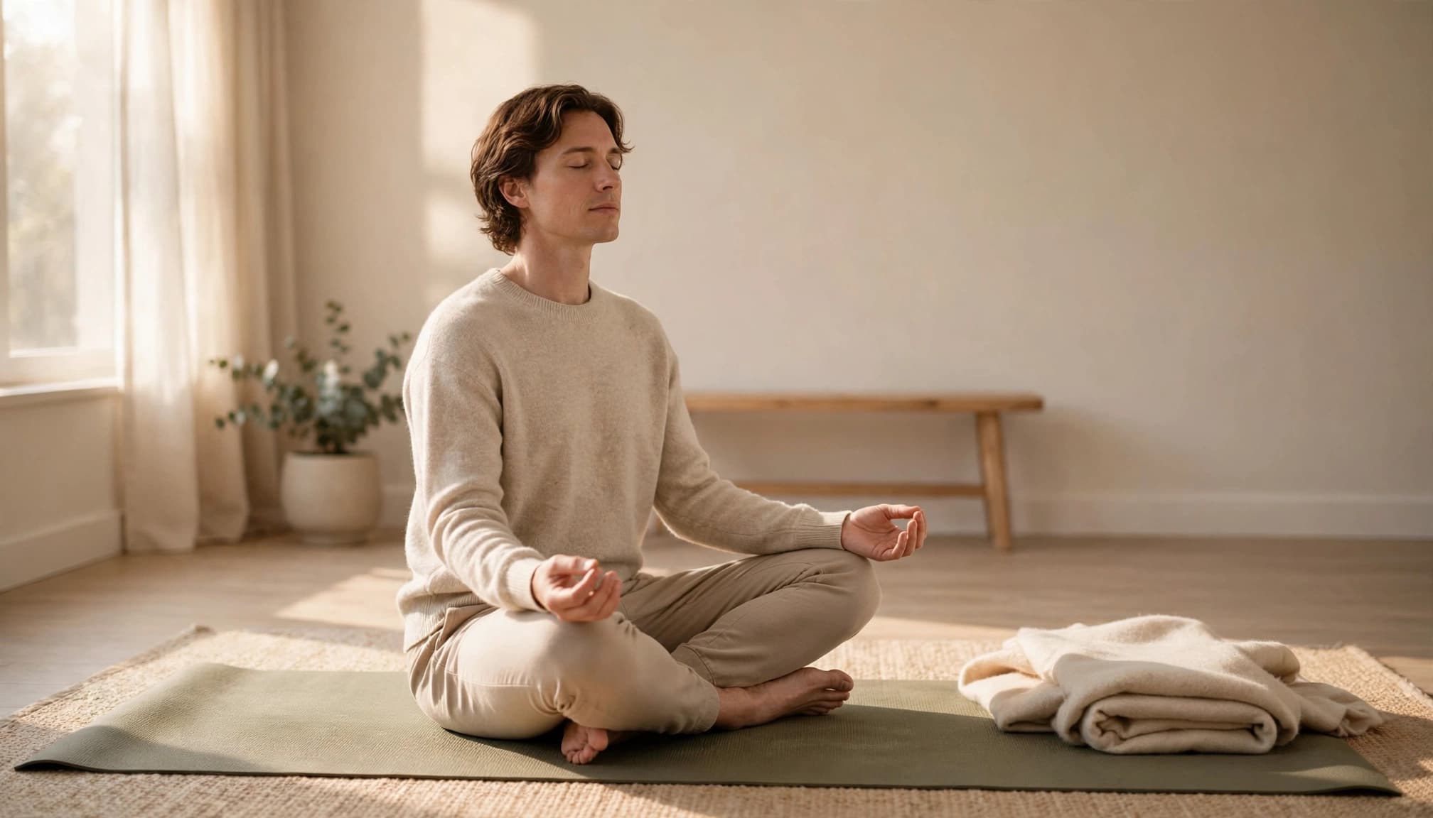 Adult practicing gentle yoga on a mat beside a folded blanket in a sunny living room.