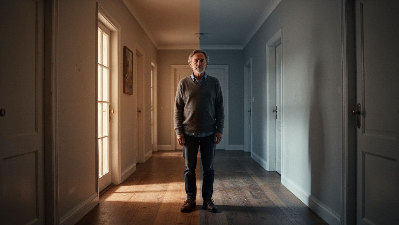 One adult stands between a warm room and a cool hallway.