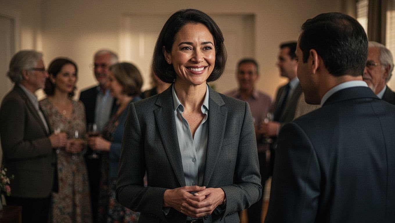 An adult at a warm gathering wears a smile that fades as blurred guests look away.