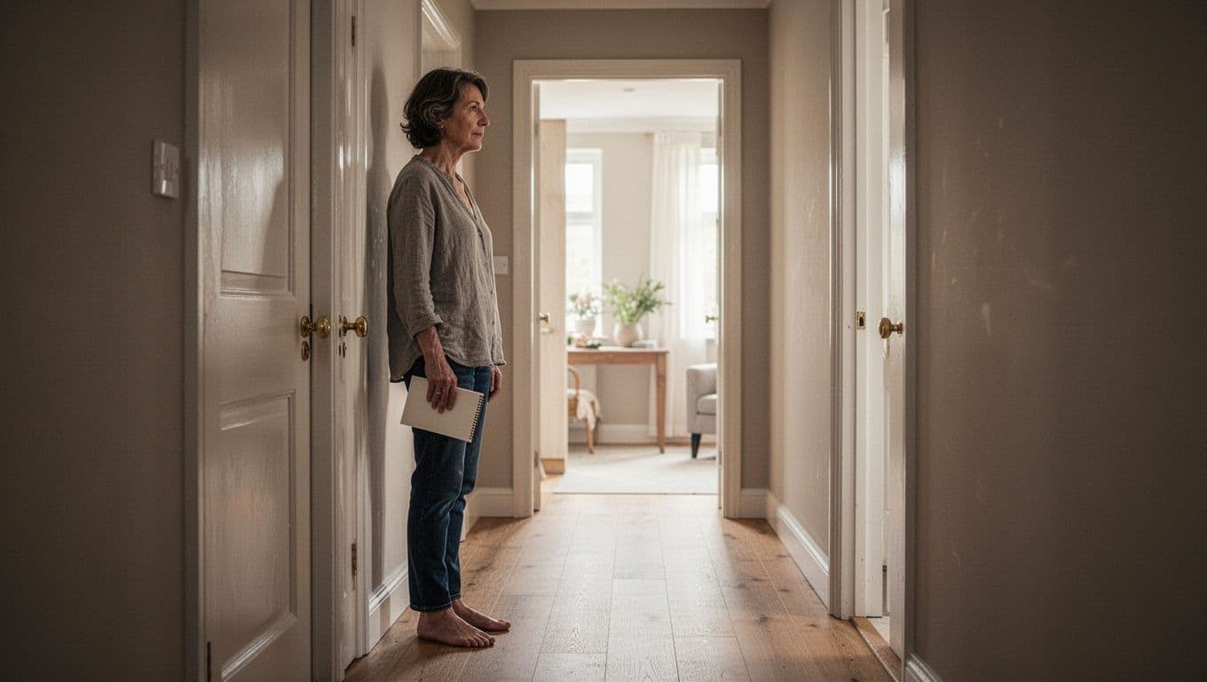 An adult holds a notebook beside a closed door in a softly lit hallway.