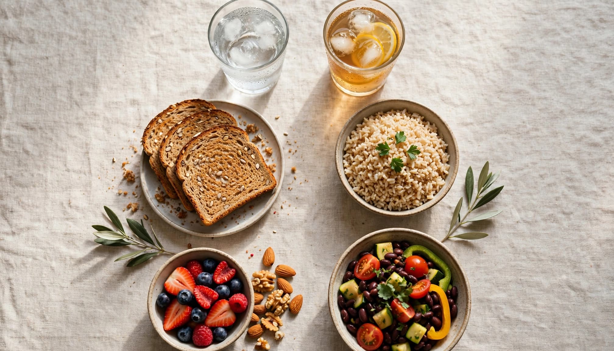 Food swaps include water, tea, whole grains, fruit, nuts, and a bean vegetable bowl.