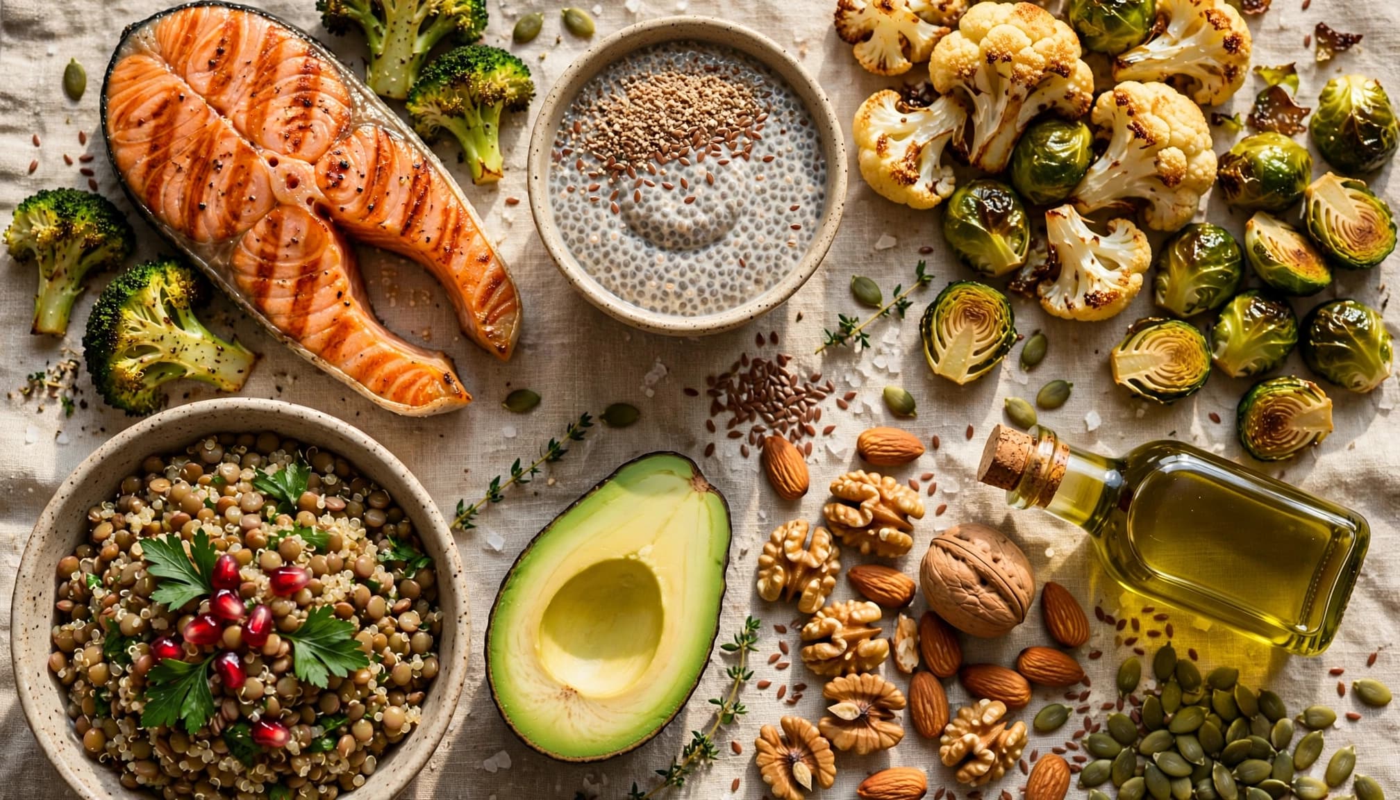 Overhead view of salmon, vegetables, grains, seeds, nuts, avocado, and olive oil.