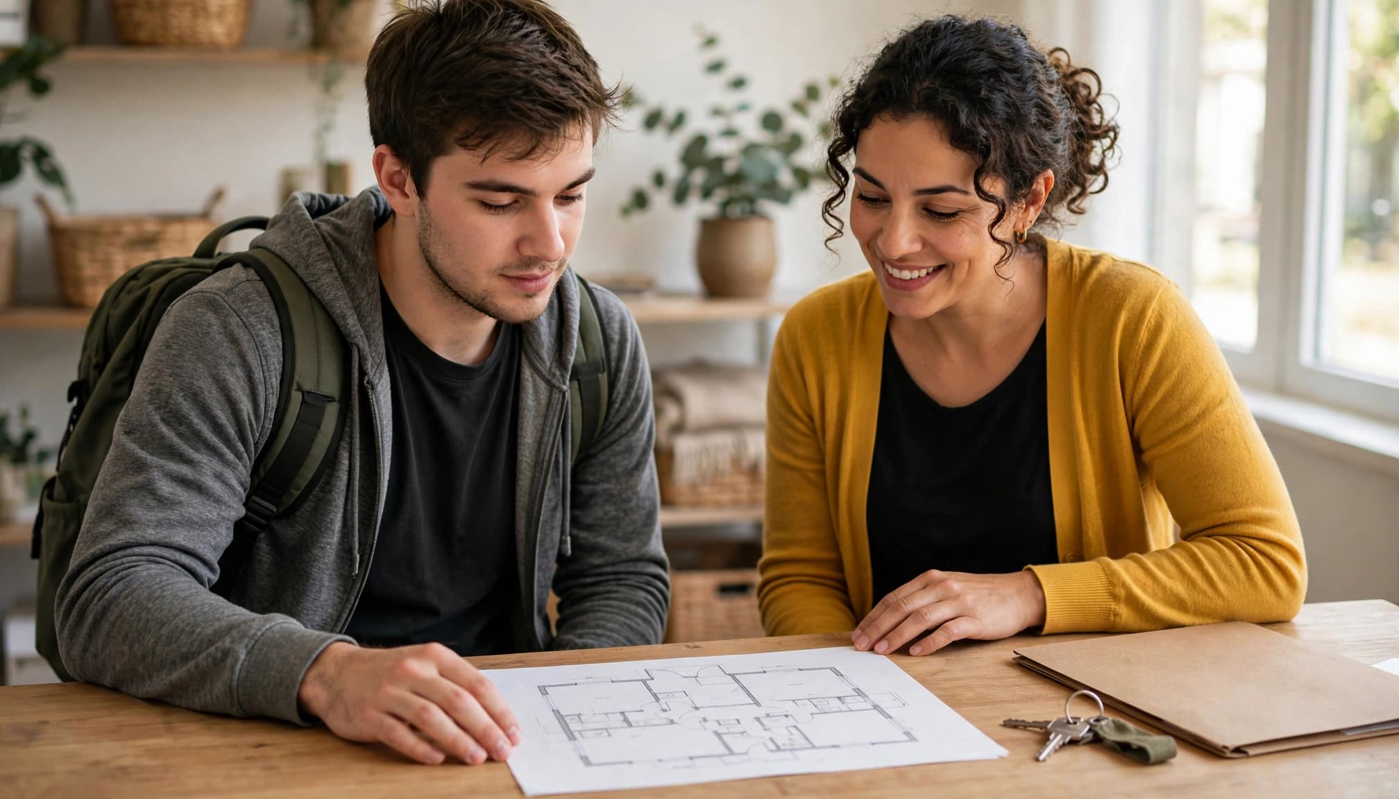 A young adult reviews housing plans with a resource worker beside a table holding keys.