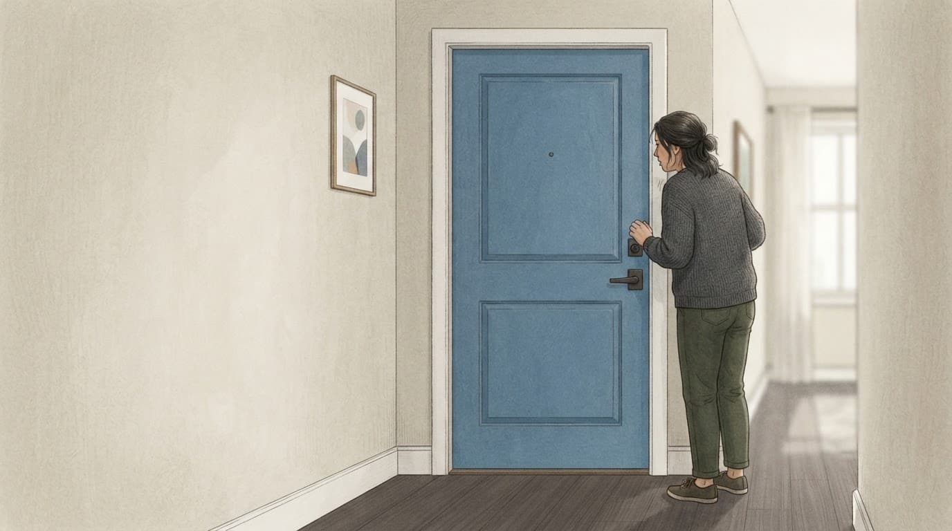 One adult stands beside a closed apartment door in a quiet hallway.
