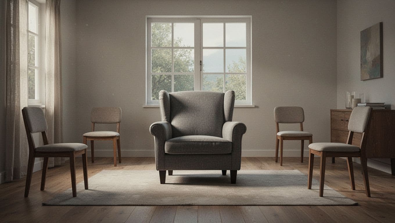 A central armchair stands apart from several chairs in a softly lit living room.