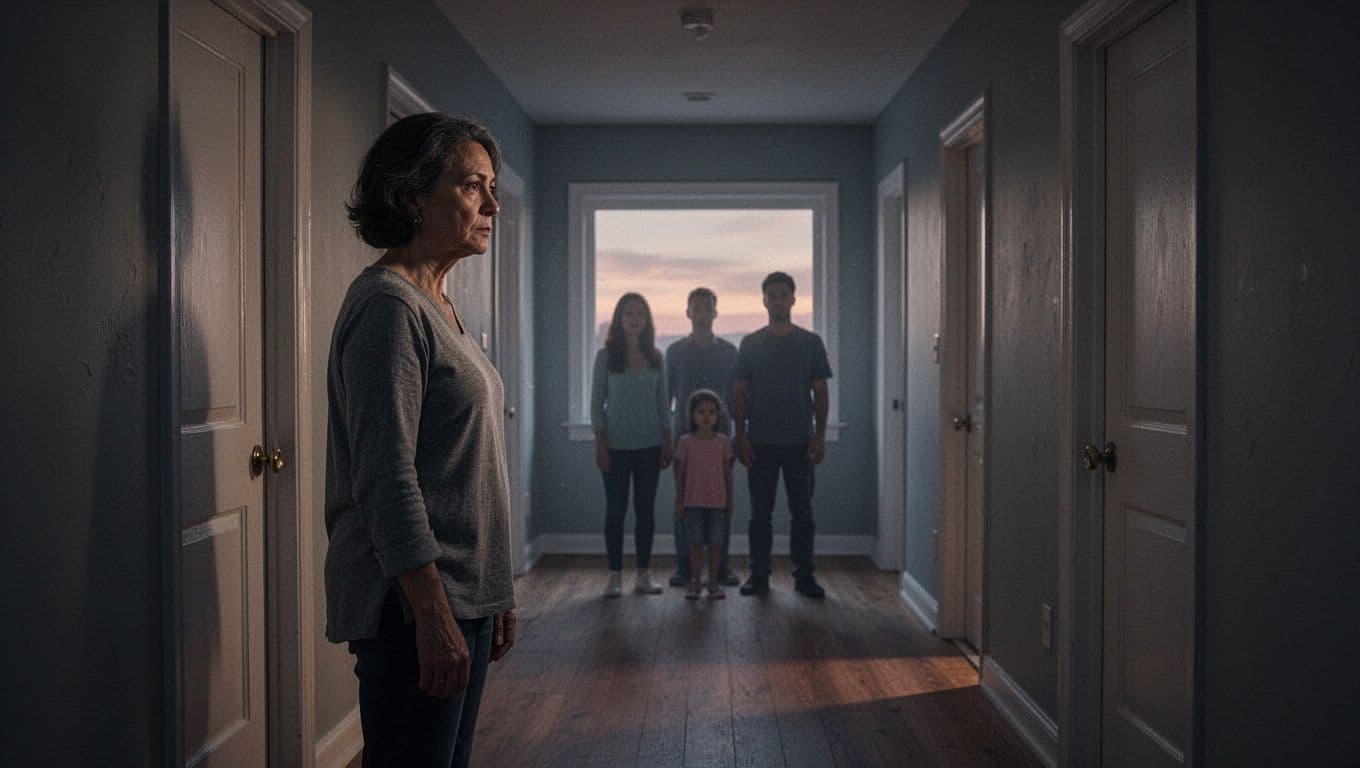 An adult stands apart from blurred family figures in a softly lit hallway.