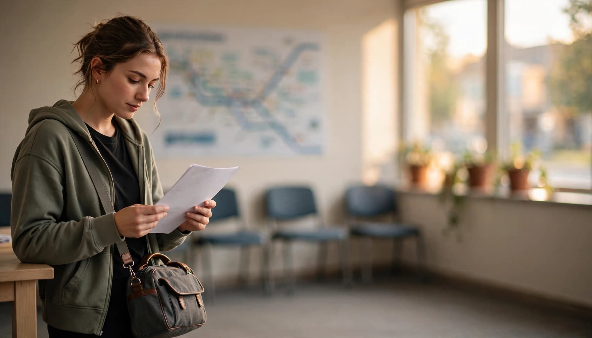 Young adult reviews a job application while carrying a duffel bag in a resource room.