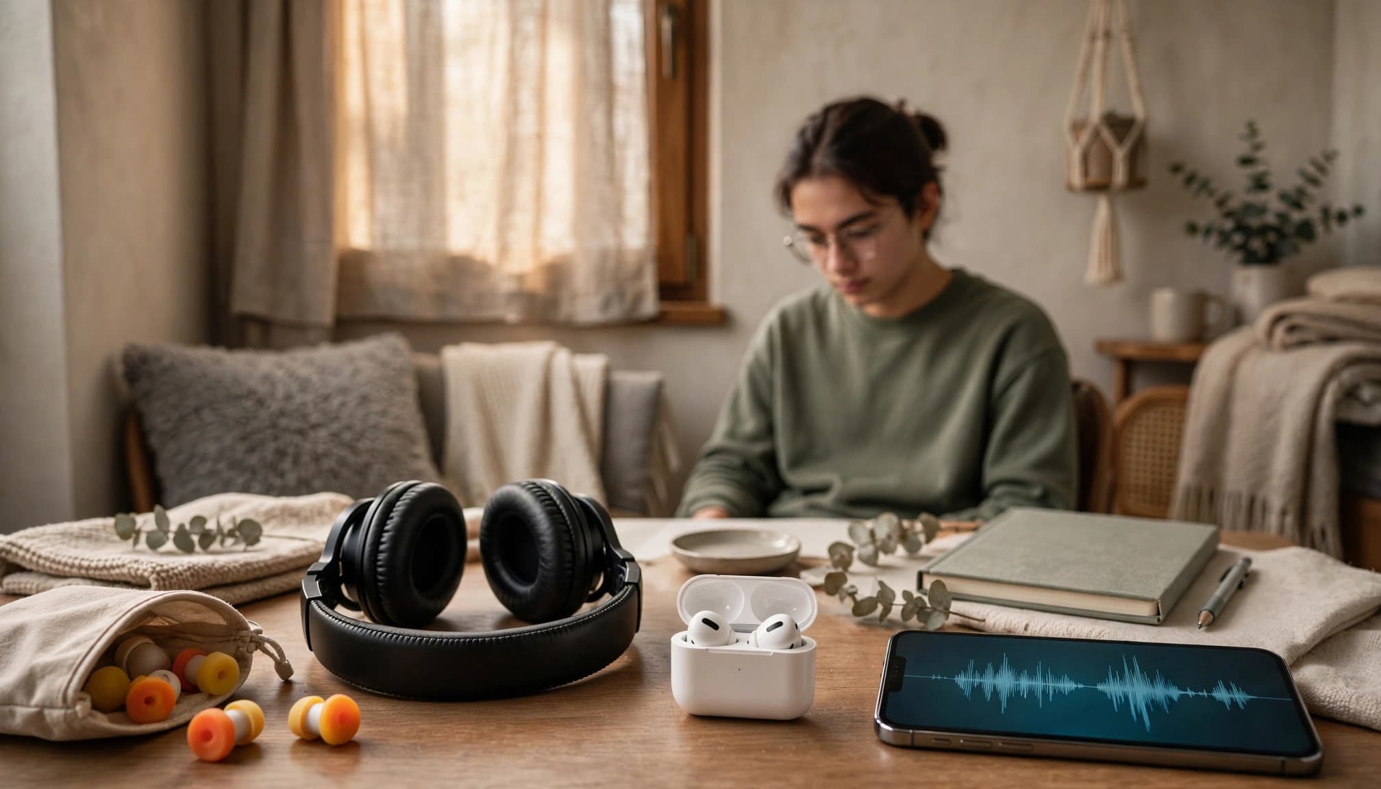 Student beside earplugs, headphones, earbuds, and a phone showing a sound waveform.