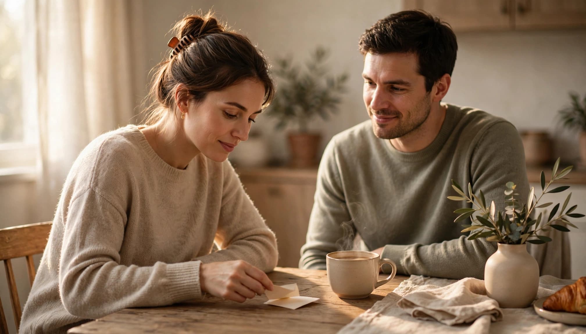 A woman leaves a note beside coffee for her boyfriend at home.