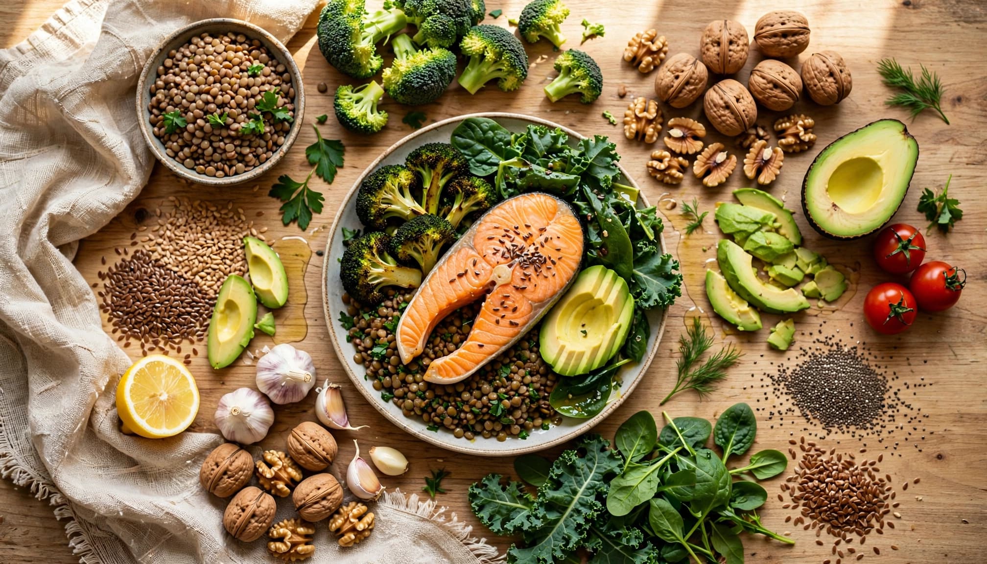 A colorful Mediterranean meal with salmon, lentils, greens, avocado, walnuts, and seeds on a kitchen table.