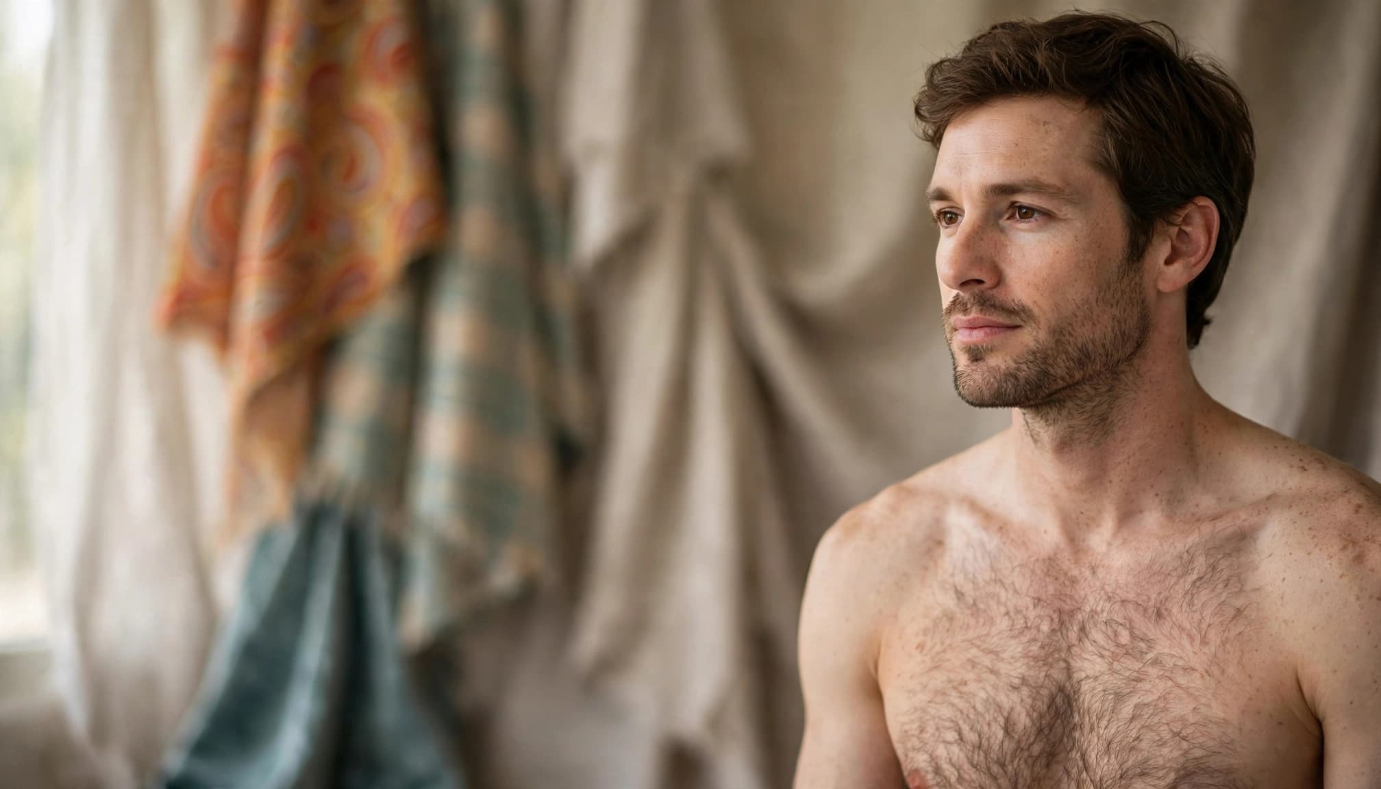 Man with natural chest hair standing in a softly lit neutral studio.