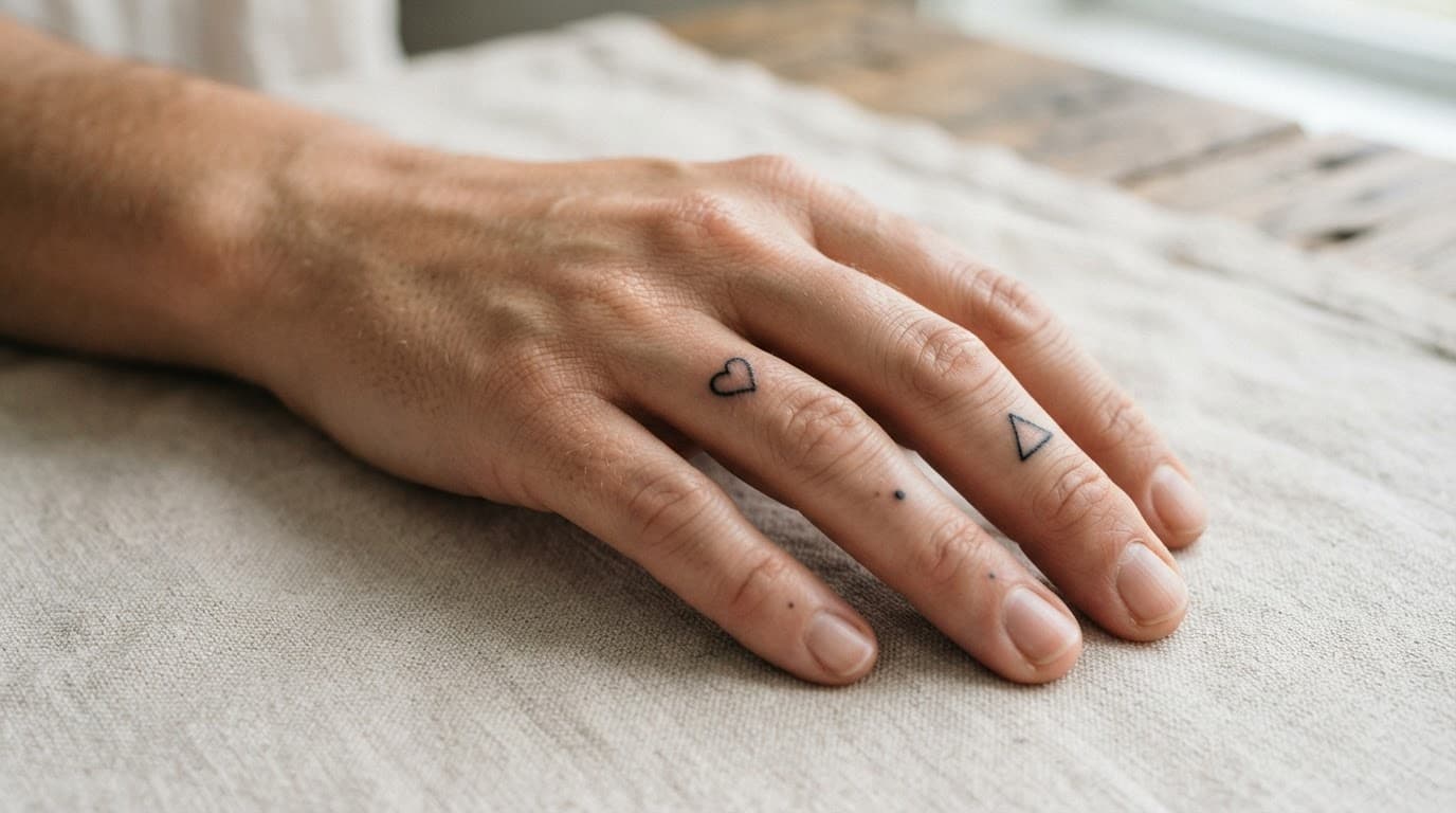 Relaxed adult hand showing tiny heart and geometric finger tattoos.