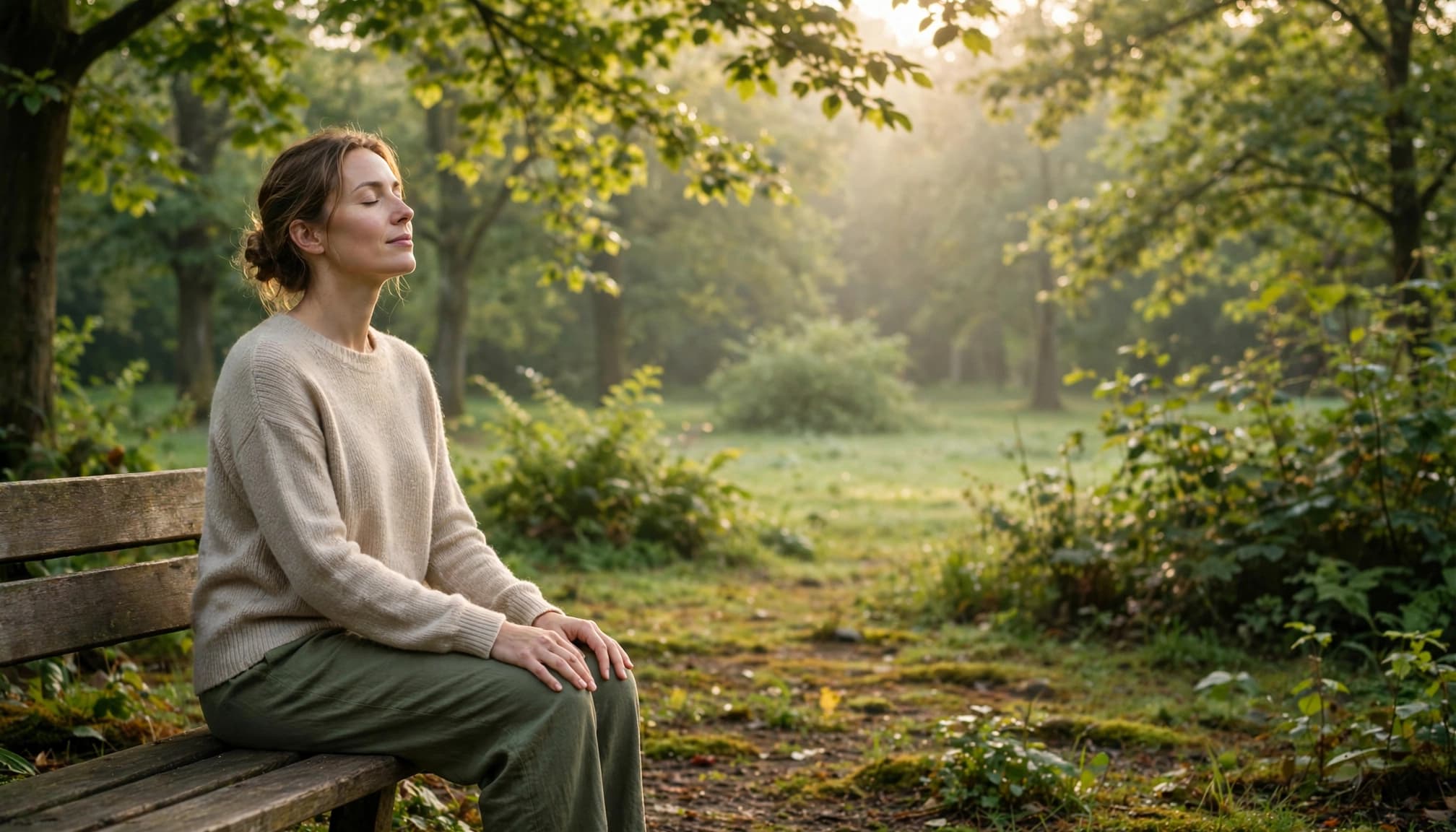A person practices slow breathing on a bench in a sunny leafy park.