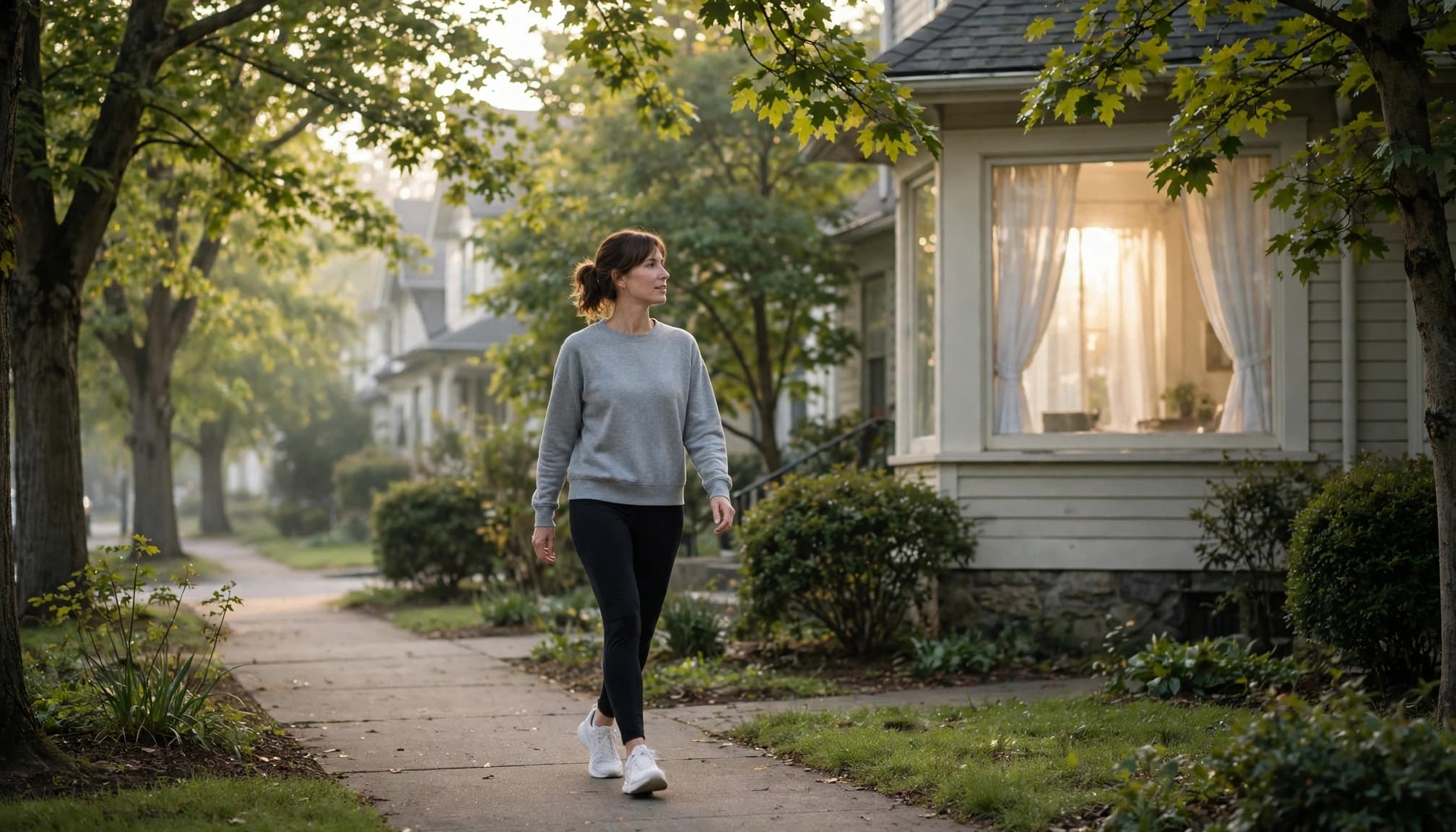 One adult walking along a quiet tree-lined sidewalk in soft morning light.