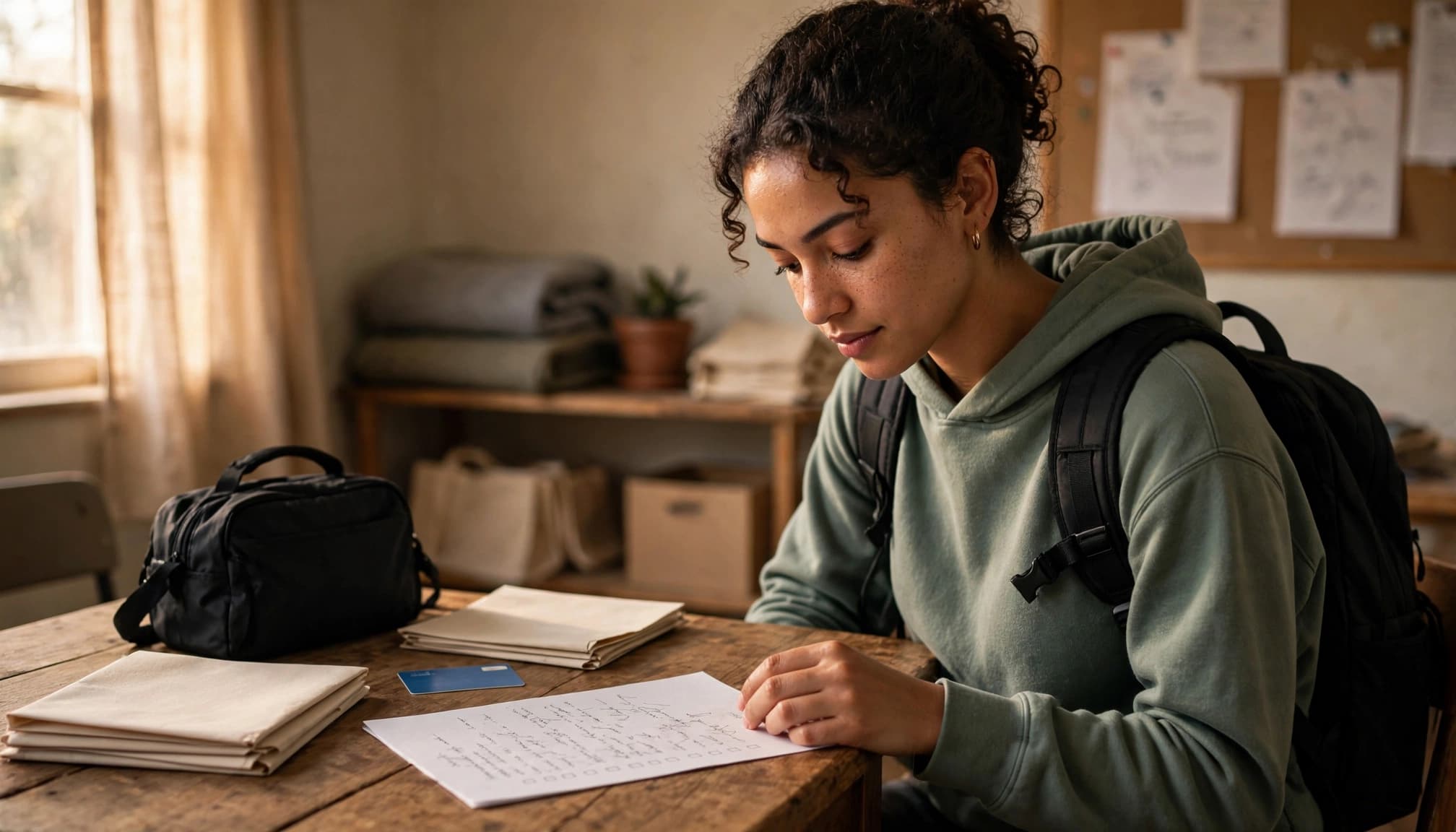 Young adult reviewing a move-out checklist beside a duffel bag and transit card.