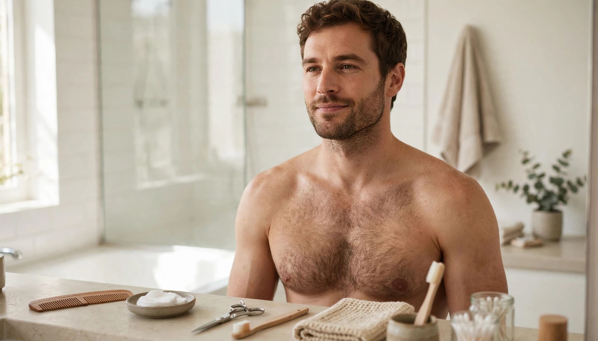 A relaxed man with chest hair stands in a bright bathroom beside grooming tools.