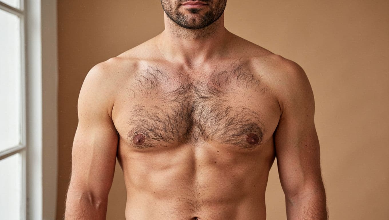 Man with neatly trimmed chest hair standing in soft light.