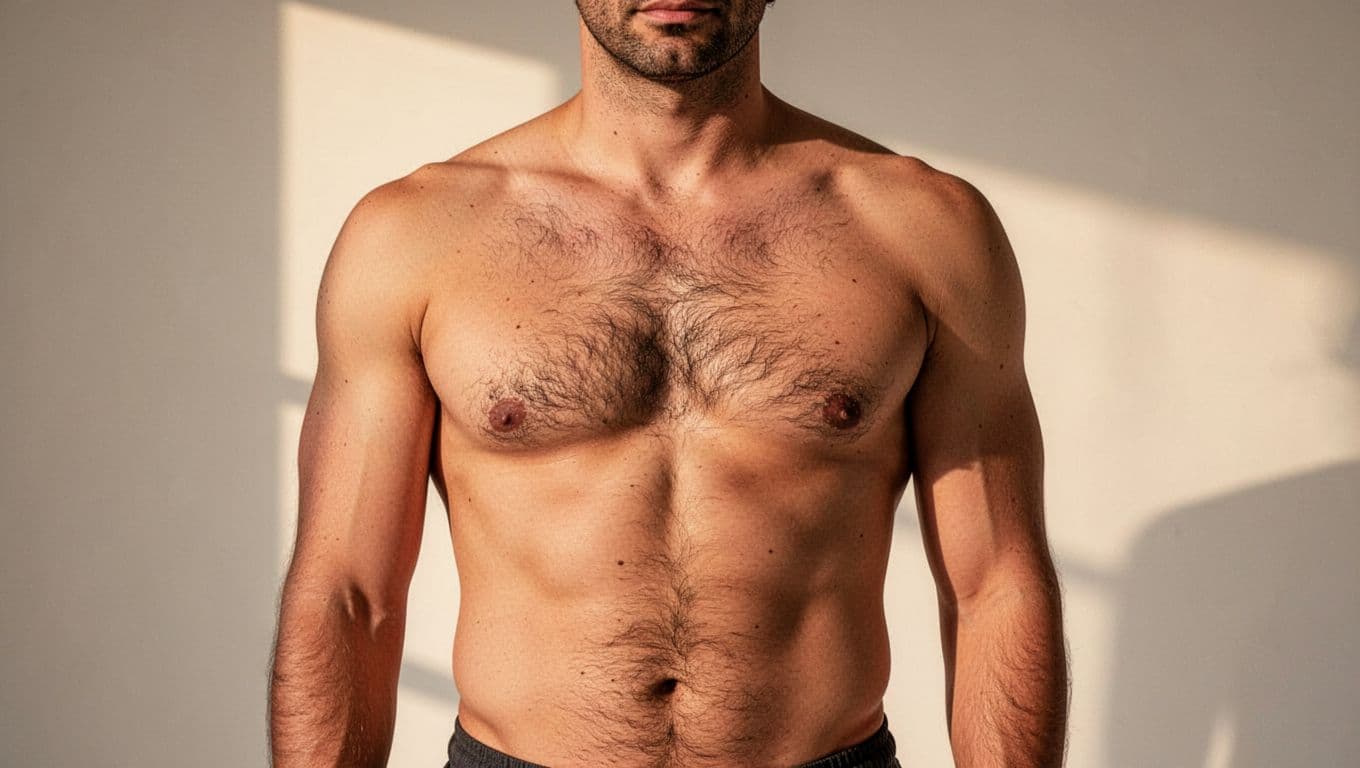 Adult man with moderate chest hair standing in a softly lit neutral studio.