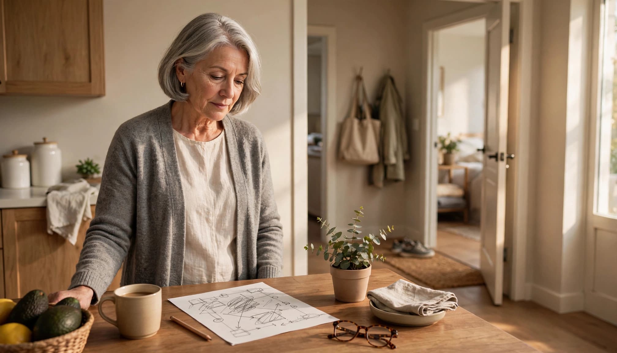 An older parent reviews a boundary plan at a kitchen table in warm morning light.
