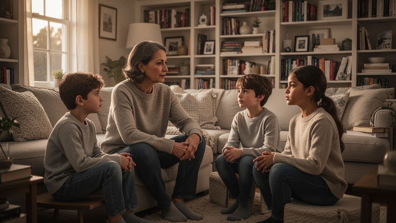 A parent listens to two children in a softly lit living room.