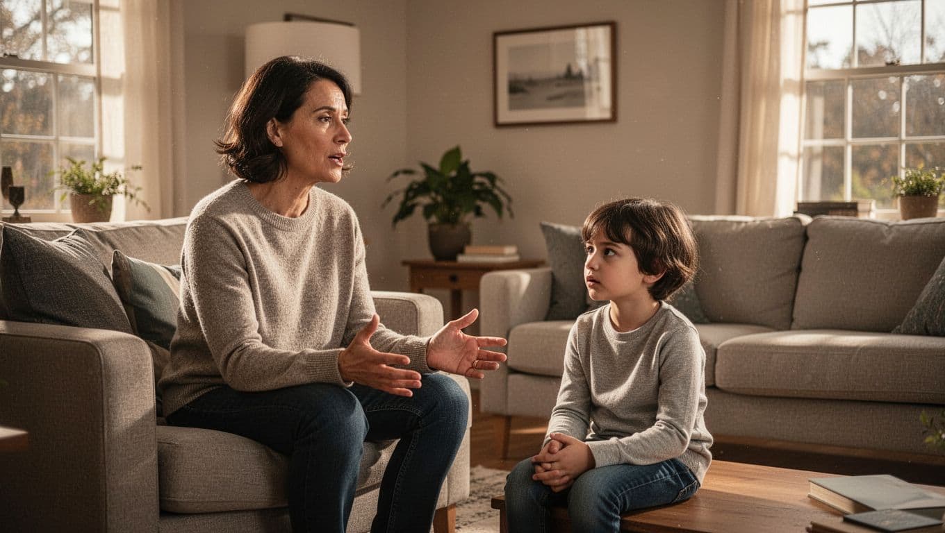 A parent listens calmly as a child sits nearby in a bright living room.