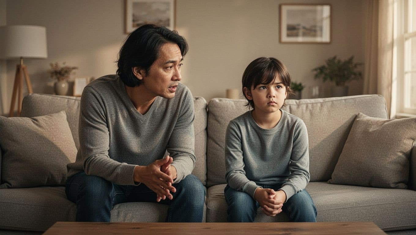 A parent listens to a guarded child on a living-room sofa in warm afternoon light.