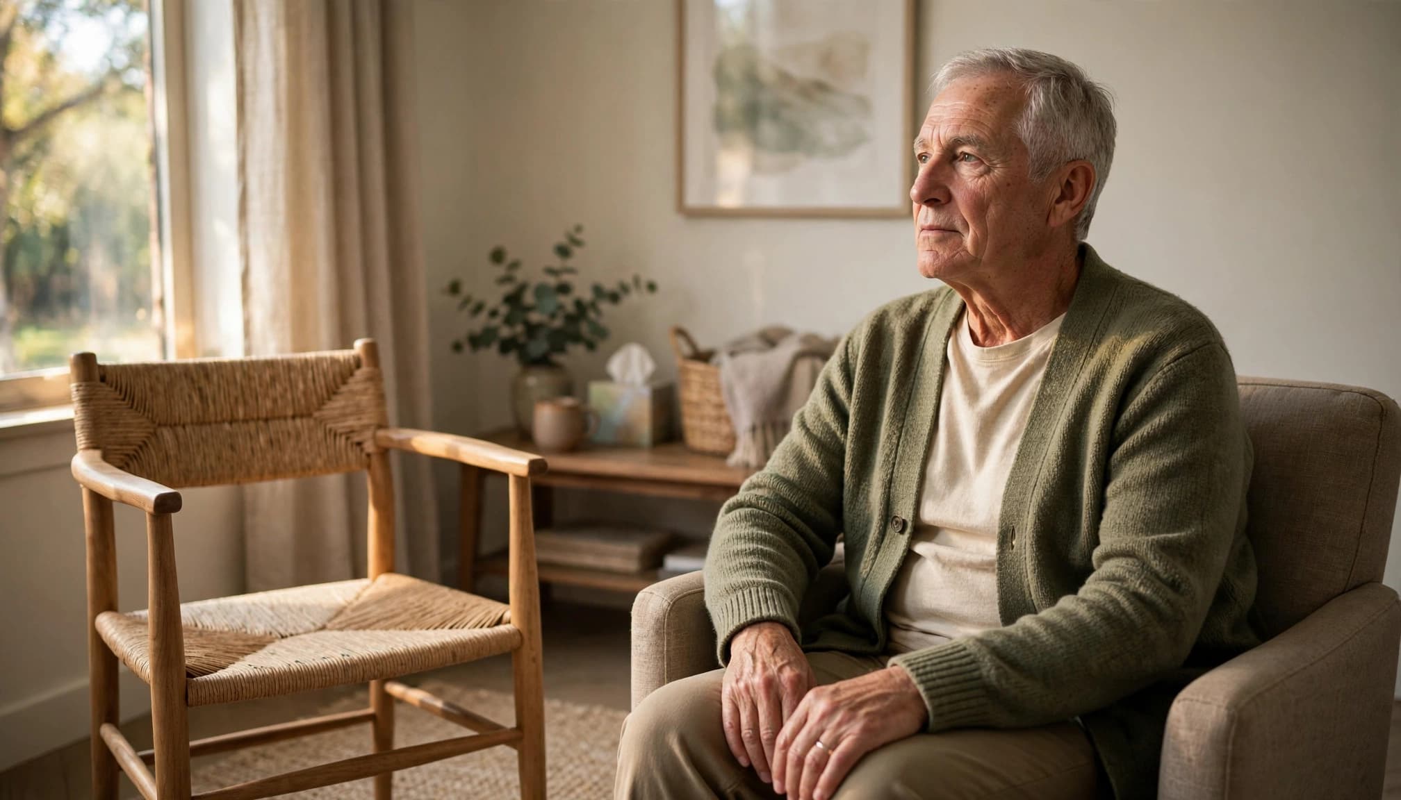 An older parent sits calmly in a therapy office beside an empty chair.