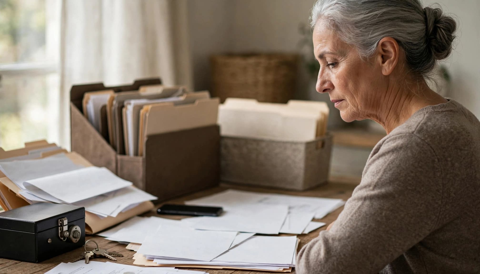 An older parent organizes papers beside a locked box, phone, and keys.