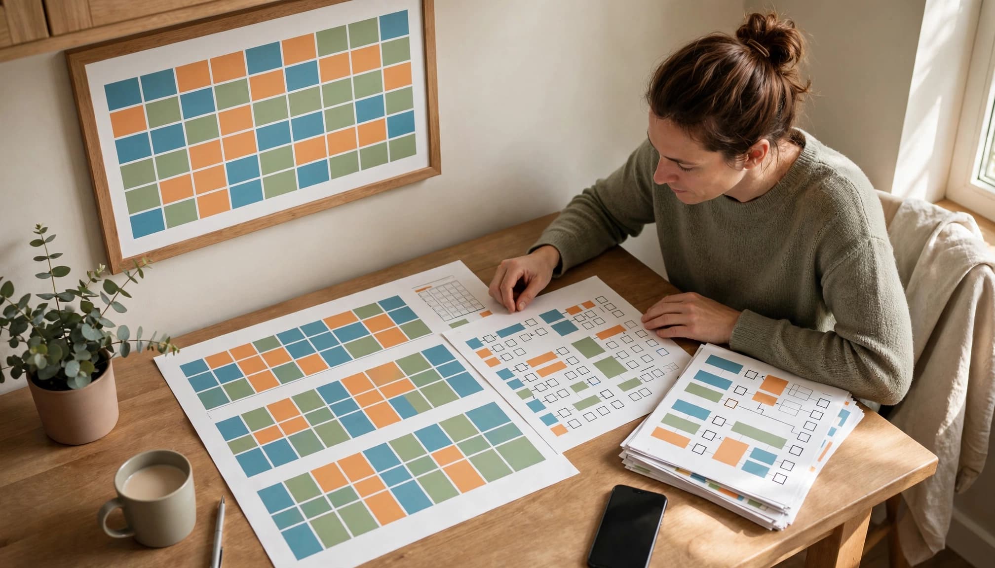 A parent reviews custody papers beside a color-coded wall calendar.