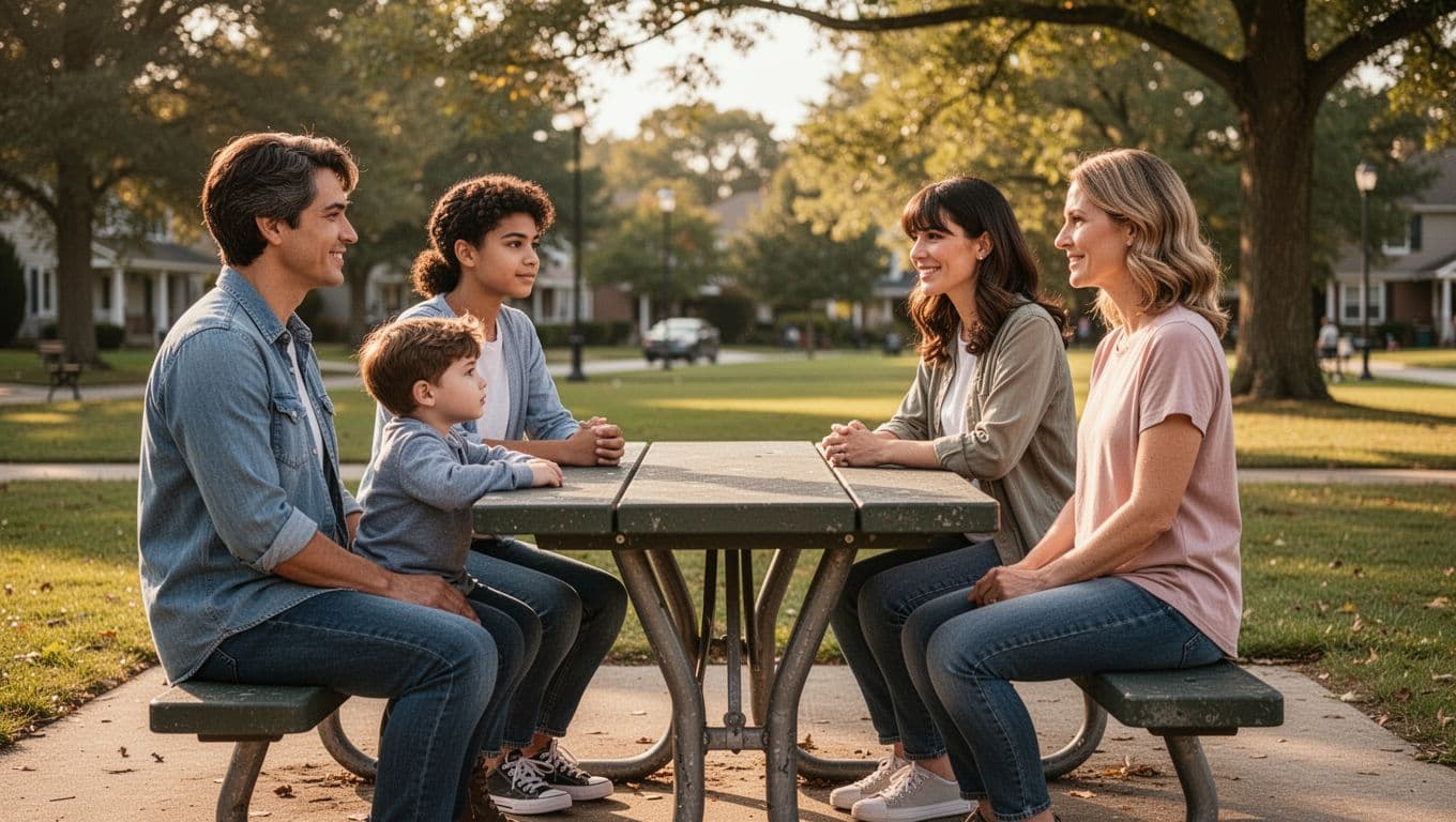 A parent and two children meet a new partner at a park table.