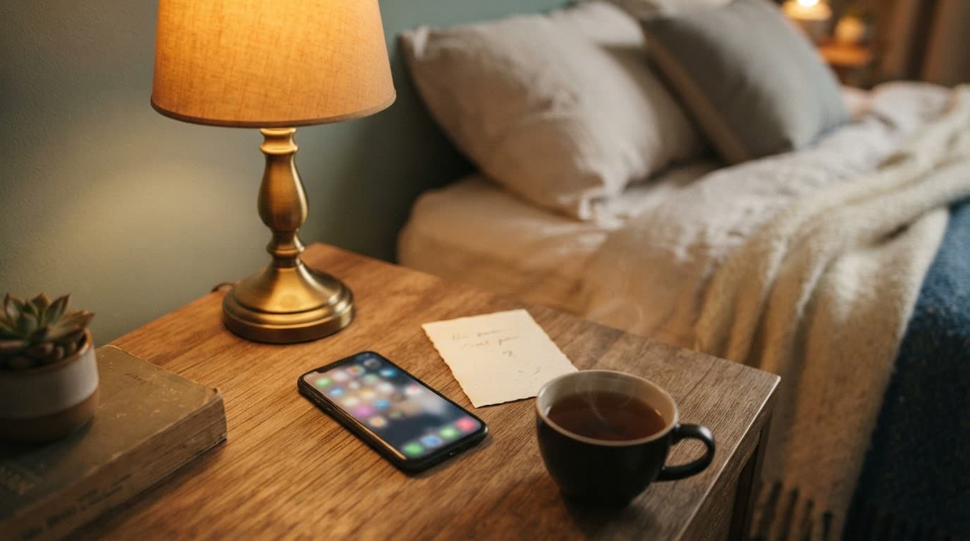 A smartphone, blank note, tea cup, and warm lamp sit on a cozy nightstand.