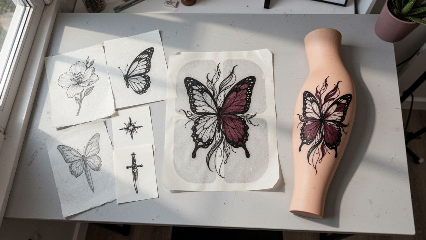 Tattoo sketches and a custom feminine design arranged on an artist's studio table.