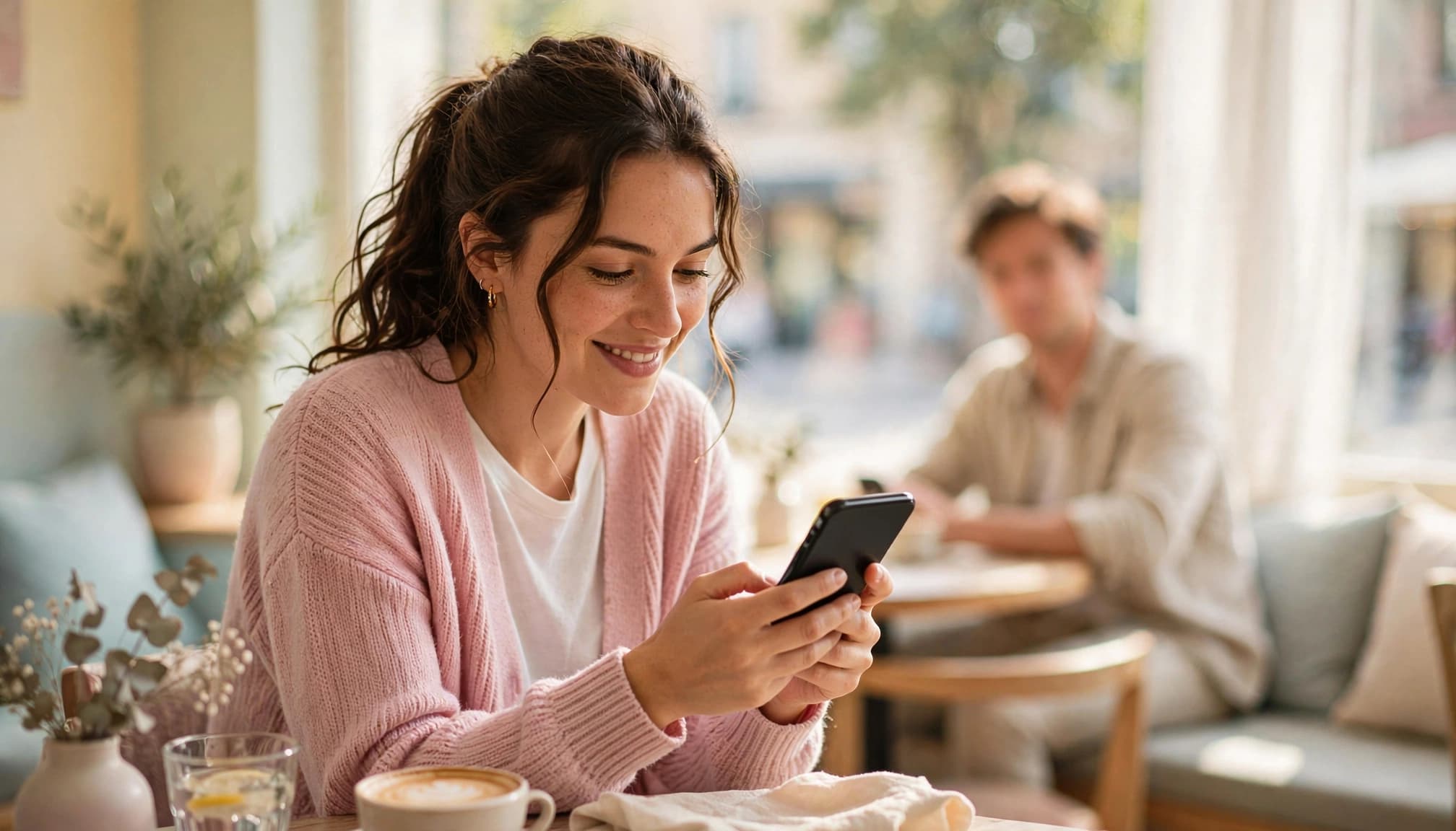 A woman smiles at her phone while her boyfriend sits blurred behind her in a sunny cafe.
