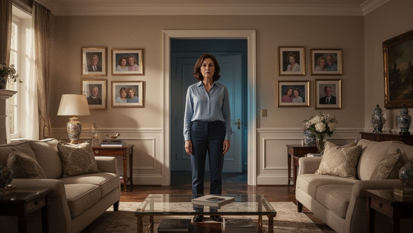 One adult stands in a polished living room beside a shadowed closed doorway.