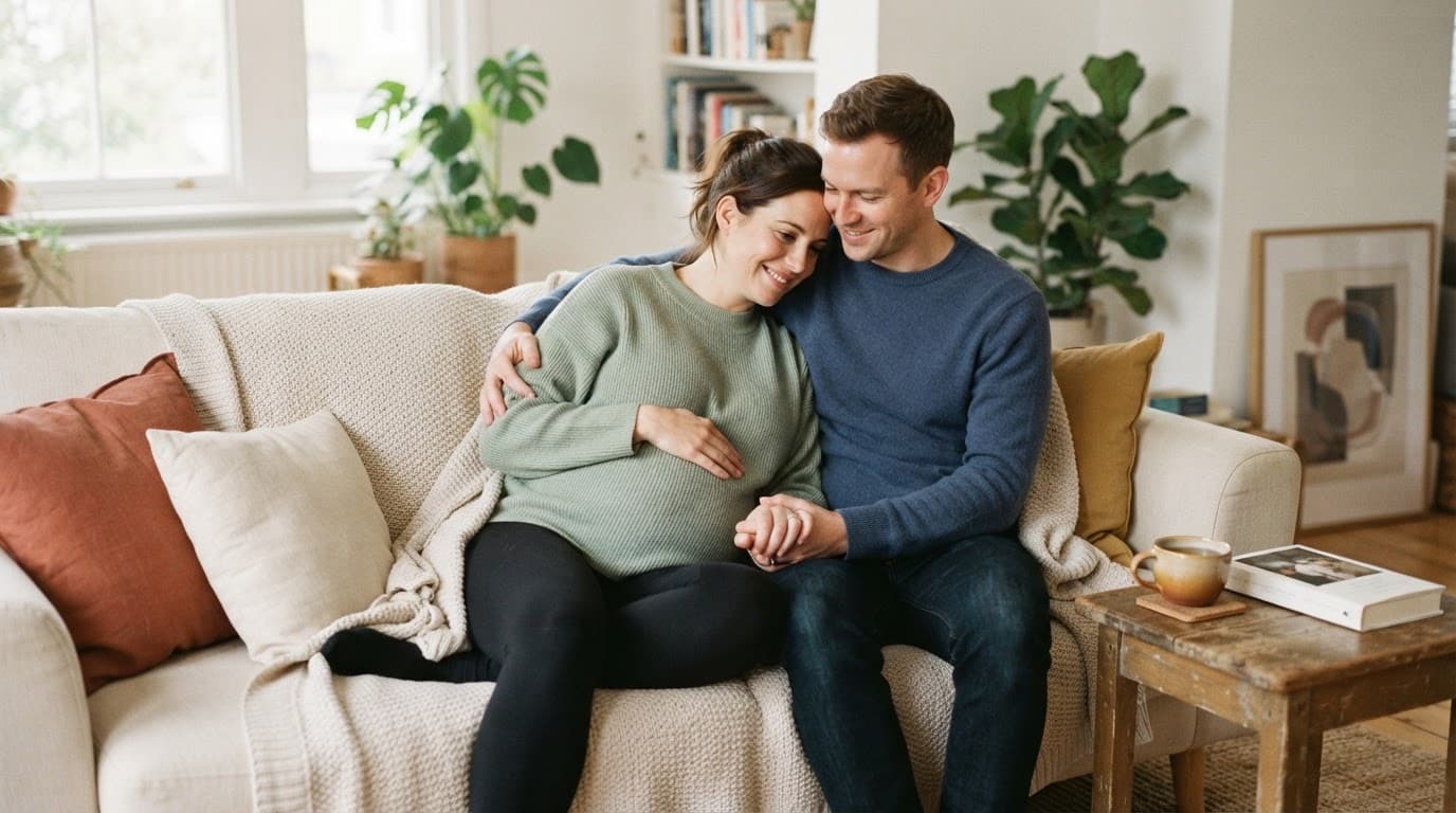 Pregnant partner and companion cuddling under a blanket in a softly lit living room.