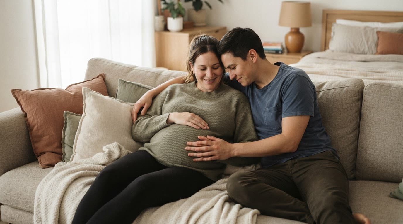A pregnant person and their partner share a gentle embrace on a bedroom sofa.