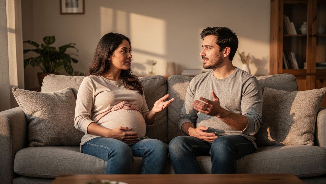 A pregnant person and partner talk calmly together on a living-room sofa.