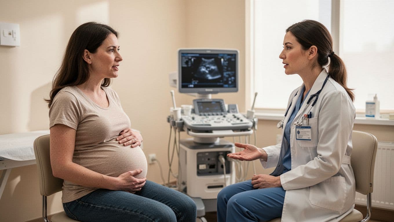 A pregnant adult speaks with a clinician in a bright exam room beside an ultrasound machine.