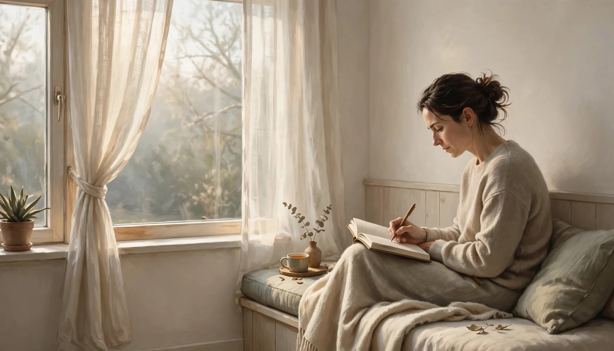 An adult writes in a journal beside a softly lit bedroom window.