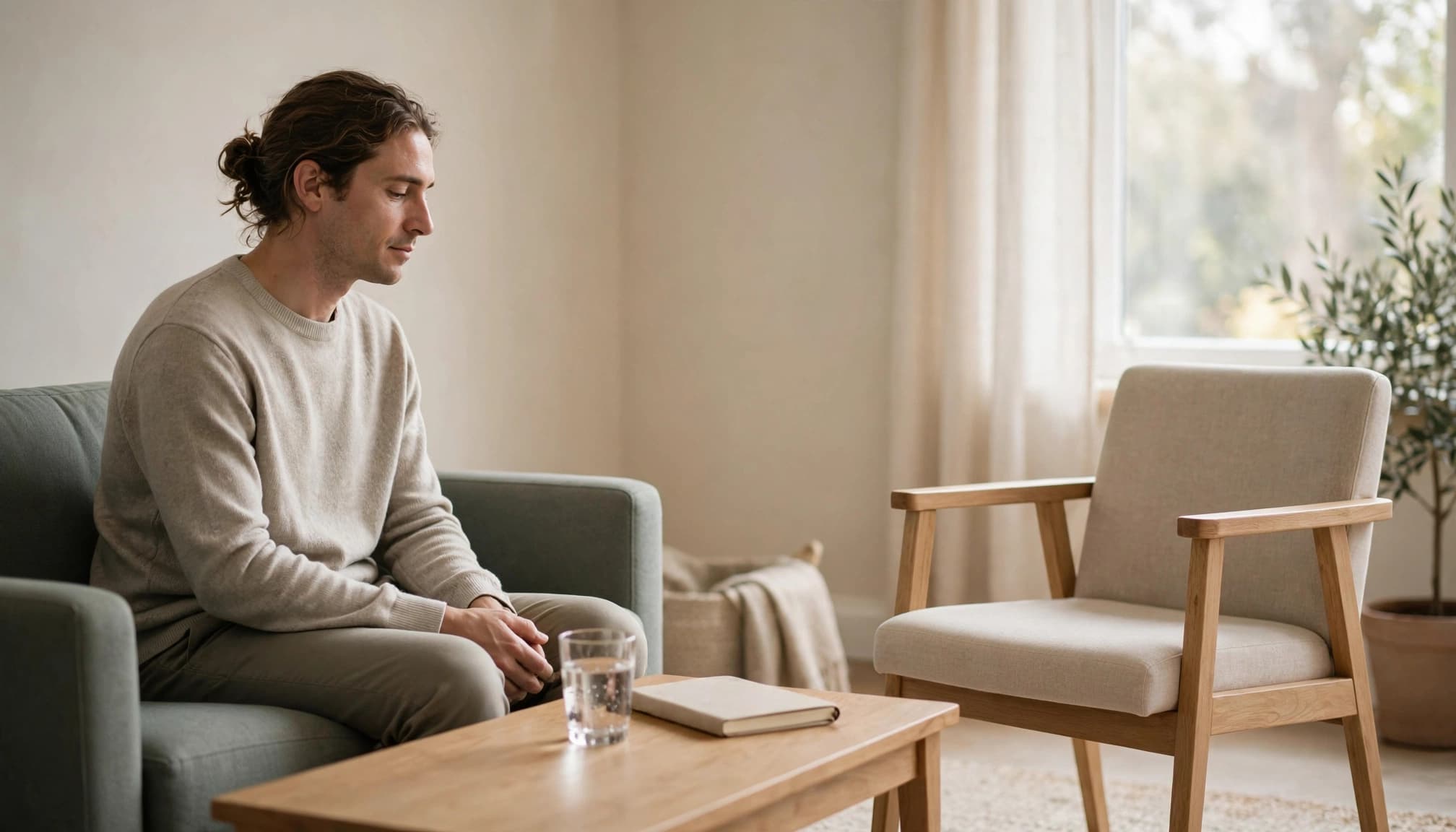 An adult sits in a calm counseling room beside an empty clinician's chair.