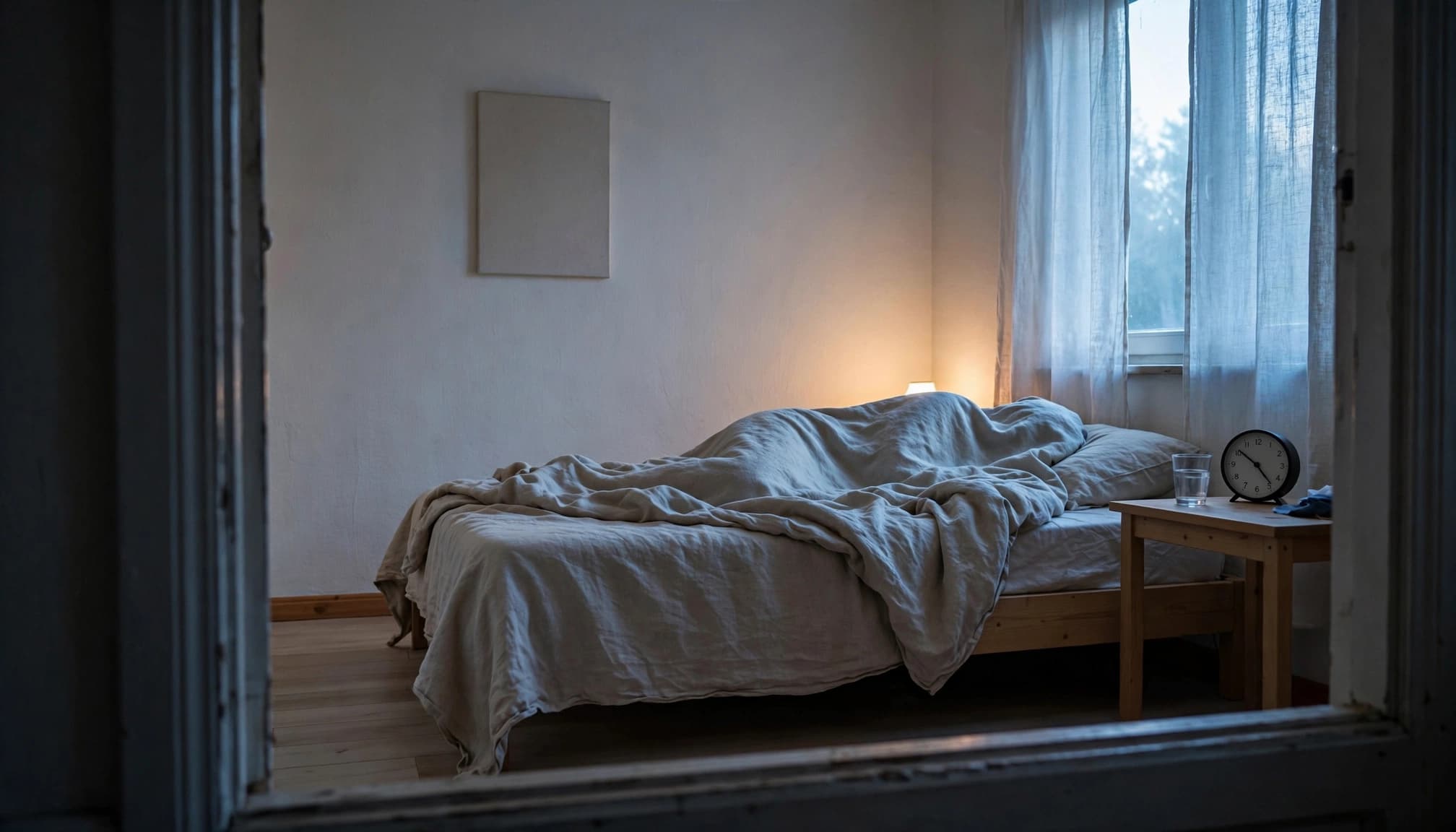 A sleeping figure lies under covers beside a clock and water glass in blue dawn light.