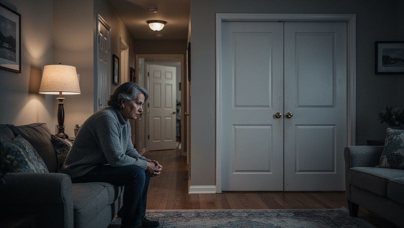 An adult sits alone in a living room near closed doors and a soft lamp.