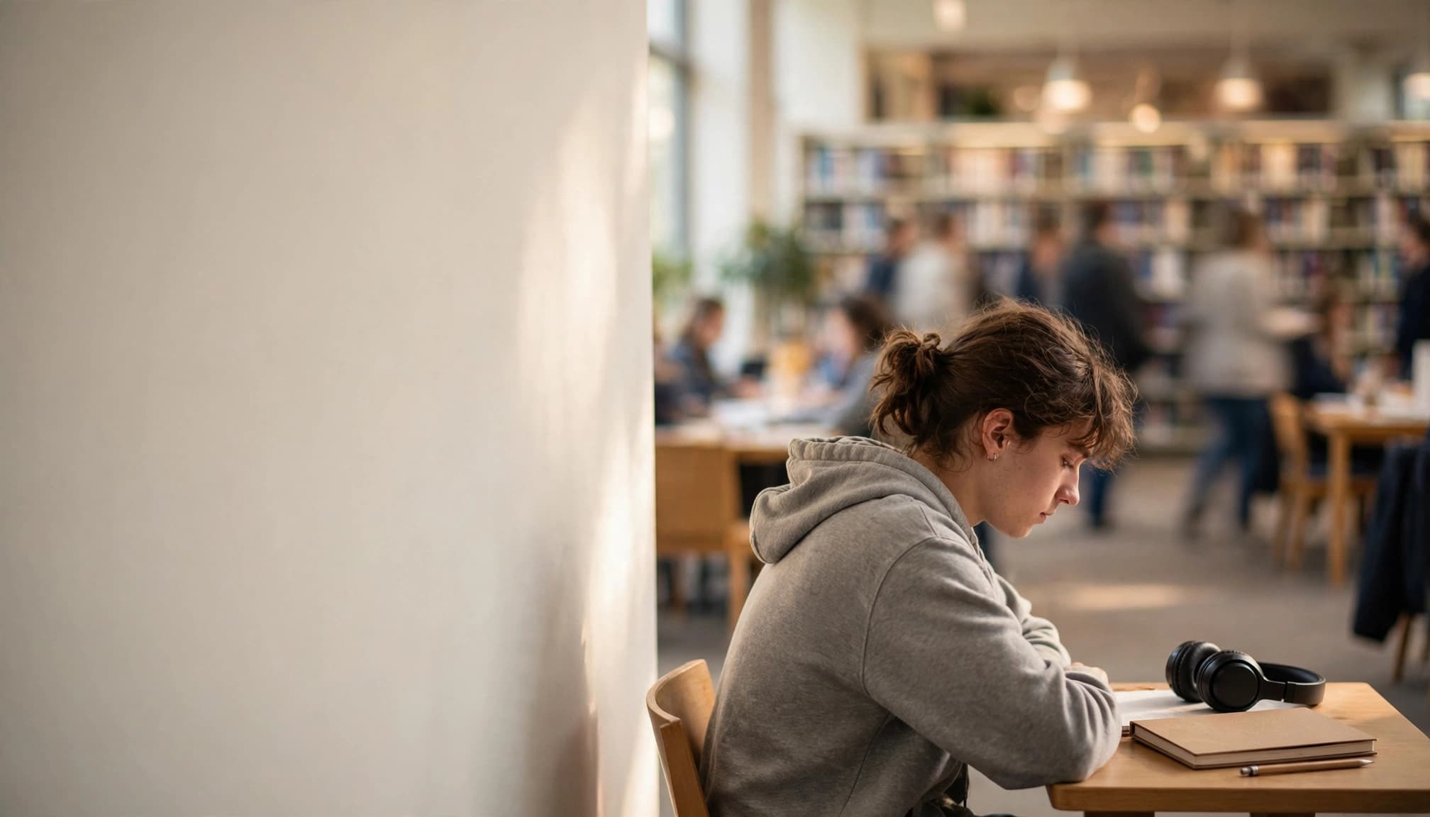 A student studies alone at a small library table with headphones beside a notebook.