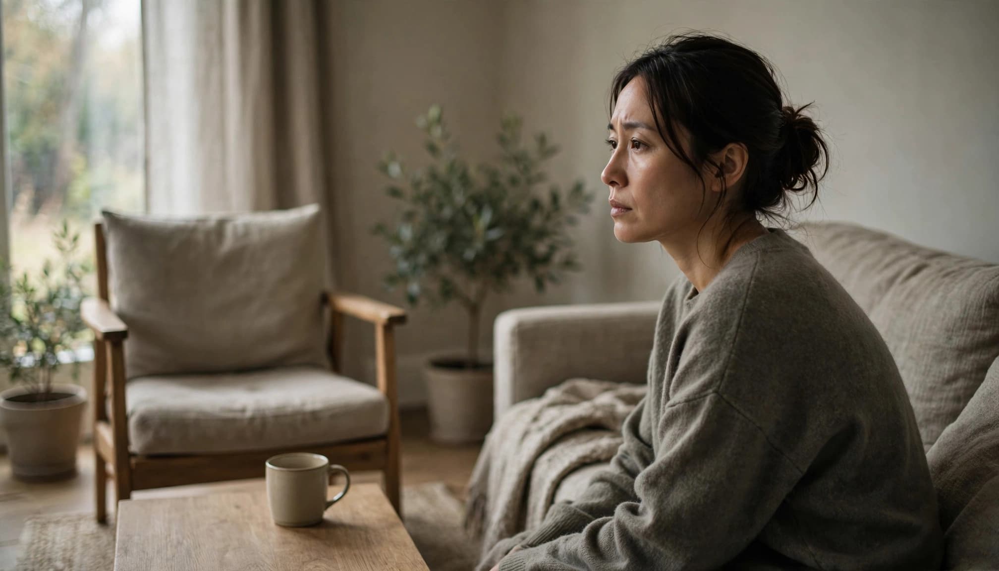 An adult sits alone beside an empty chair in a quiet living room.