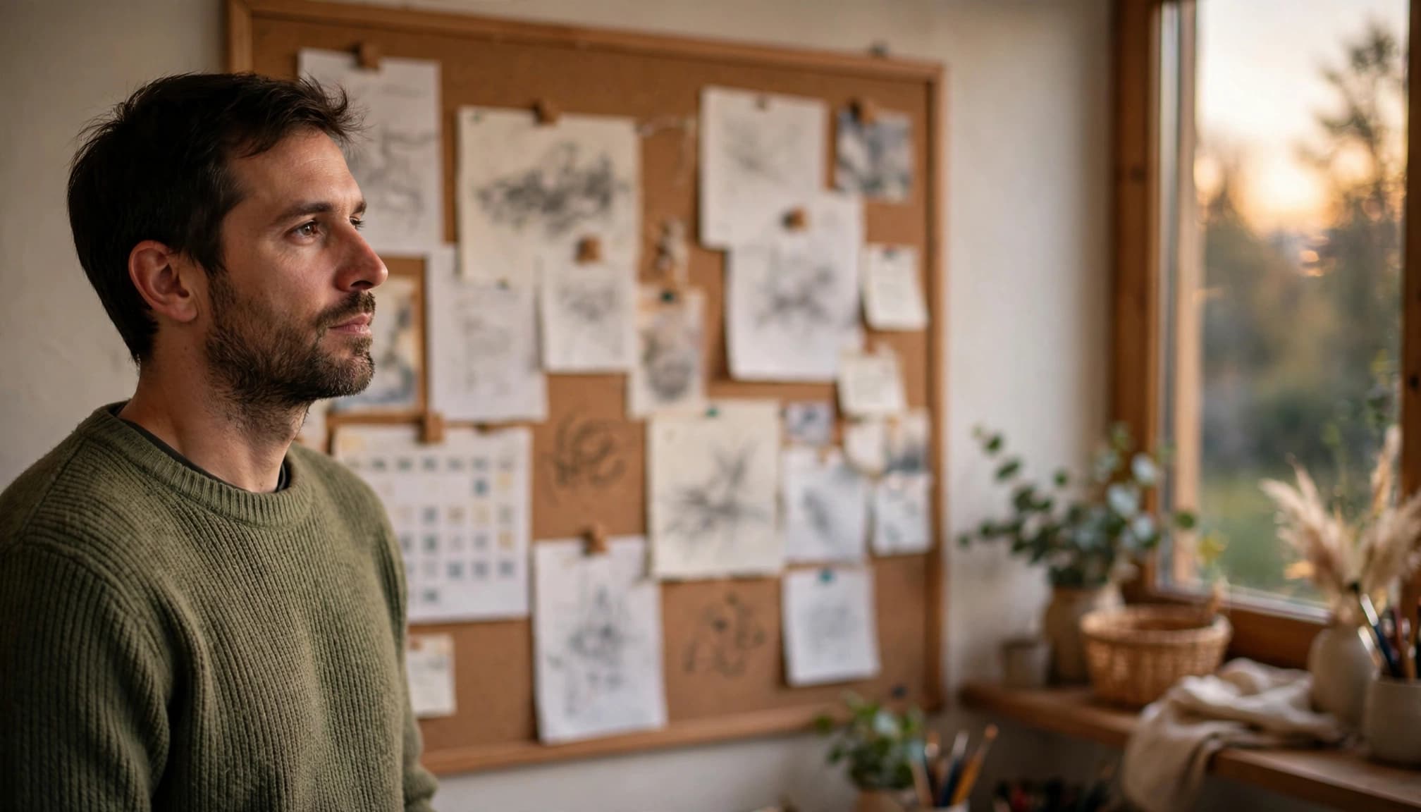A man thoughtfully studies a corkboard in a softly lit home studio.